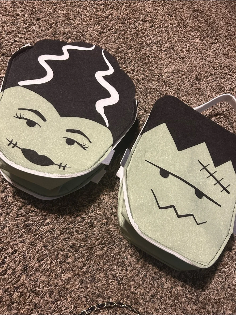 Green Frankenstein & Bride Character Tote Bag Duo - Cute Halloween Set